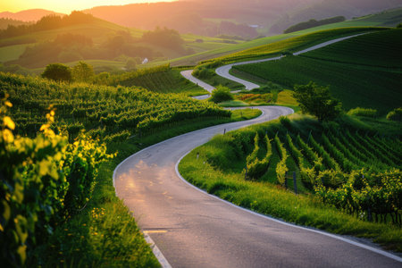 A winding road in what looks to be a German vineyard during sunrise or sunset, with the light creating a warm glow on the road surface and the surrounding landscapeの素材