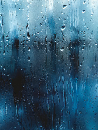 heavy raindrops streaming down a blue glass surface, creating an abstract and almost melancholic patternの素材