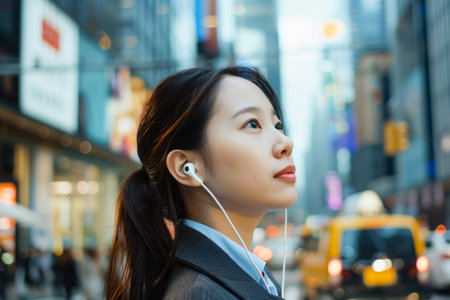 Asian business woman looking sideways while waiting for a cab in the morningの素材