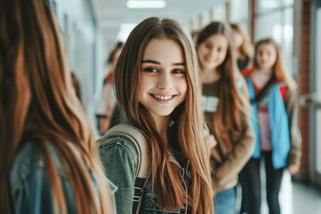 Happy teenage girl in hallway at high school looking at camera. Her friends are in the backgroundの素材