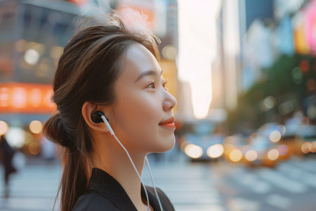 Asian business woman looking sideways while waiting for a cab in the morningの素材