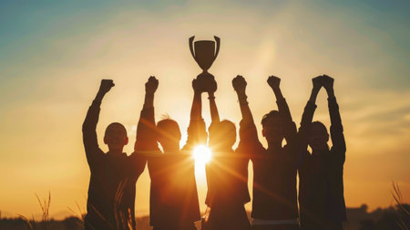 Success of teamwork, joint achievement of goal in business and life. Winning team is holding trophy in hands. Silhouettes of many hands in sunsetの素材