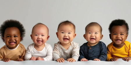 Row of six multi ethnic Babies smiling in studioの素材