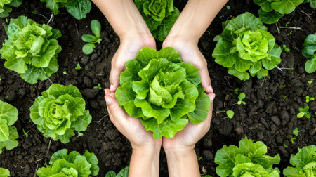 From above big green lettuce in hands on loose soft earth in gardenの素材