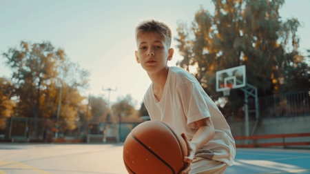 The teenager plays basketball. Healthy lifestyle and hobby concept. Cute kid hitting a basketball ball. Slow motion street basketball. Boy practicing shooting a basketballの素材