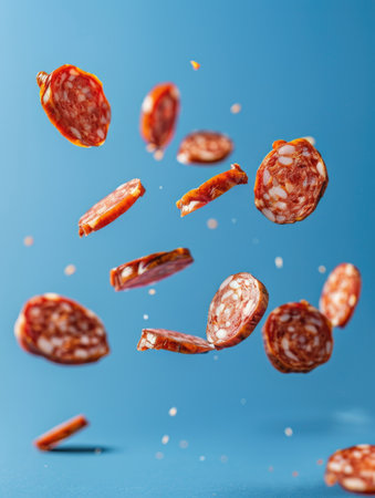 Flying pieces of sausage isolated on blue background. Delicious meat product. Sliced sausage drops on a blue background. Sliced milk sausage isolated. Milk sausages. Sausagesの素材