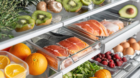 Open refrigerator with healthy food.Products on the shelves.Proper nutrition with red fish, avocado and fruits.Refrigerator with healthy products.Fruits, eggs, fish, avocado, mushrooms, herbs, kiwi, orangeの素材