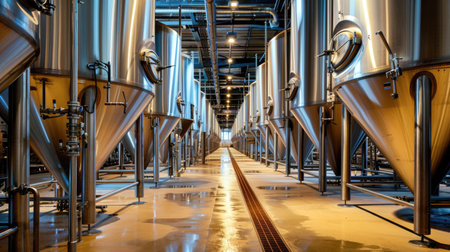 Modern Beer Factory. Rows of steel tanks for beer fermentation and maturationの素材
