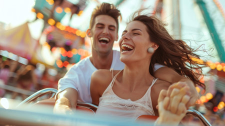 Beautiful, young couple having fun at an amusement parkの素材