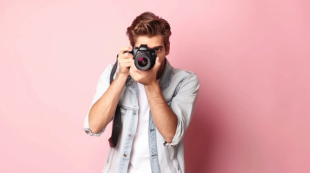 Handsome young photographer on color backgroundの素材