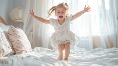 Cute little girl jumping on white bedの素材
