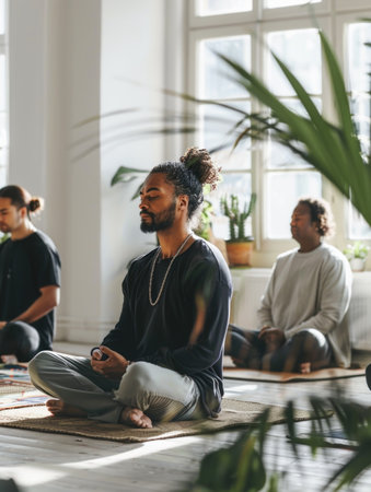 An adult arab male with a ponytail meditating in a yoga class. He is surrounded by the yoga class particpants that are diverse in age, gender and race. The yoga practitioner looks calm and relaxed. The class in taking place in a cozy bright studio with big windows and plantsの素材