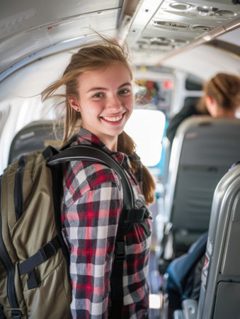 A young woman boards a small commercial airplane, carrying a backpack. She walks down the middle aisle, glances over her shoulder, and smiles at the cameraの素材