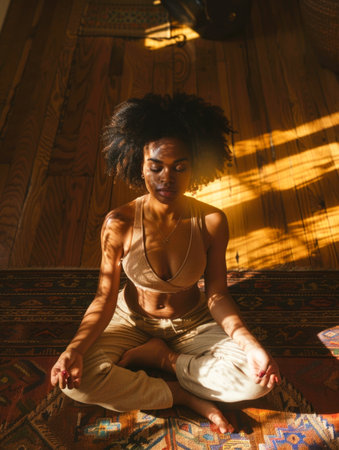 High angle view of a young African woman meditating in a ray of light on the floor of her living roomの素材