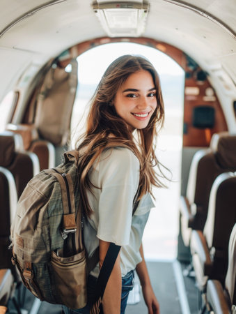 A young woman boards a small commercial airplane, carrying a backpack. She walks down the middle aisle, glances over her shoulder, and smiles at the cameraの素材