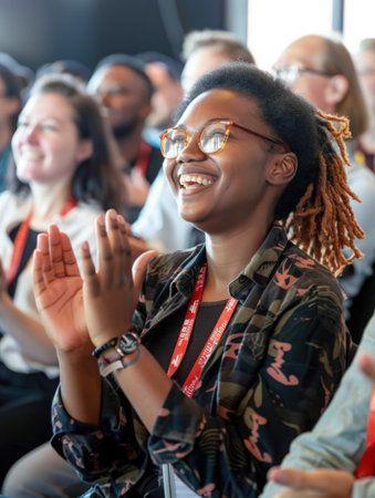 Happy audience applauding during tech event seminarの素材