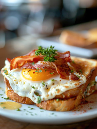 Croque Madame sandwich with bacon served for breakfast in a restaurant, side viewの素材