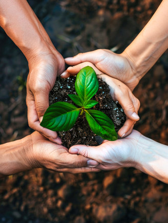 Multiple hands holding a plantの素材
