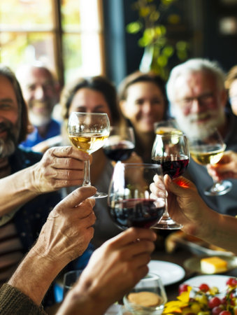 A heartwarming picture capturing a diverse group of people, each raising a glass of wine in celebration. The image showcases the power of unity and diversity, reminding us that joy, friendship, and special moments are truly meant to be shared by allの素材