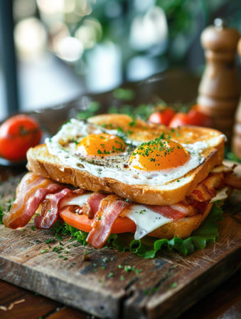 Croque Madame sandwich with bacon served for breakfast in a restaurant, side viewの素材