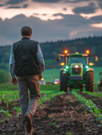 Man with short brown hair,wearing trousers and a black vest is walking on his agricultural field in the evening,rear view with green tractor in the background,lights on green tractor are turned onの素材
