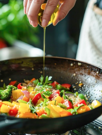 Woman cooking a colorful and nutritious quinoa stir-fry with mixed vegetables and a drizzle of olive oilの素材