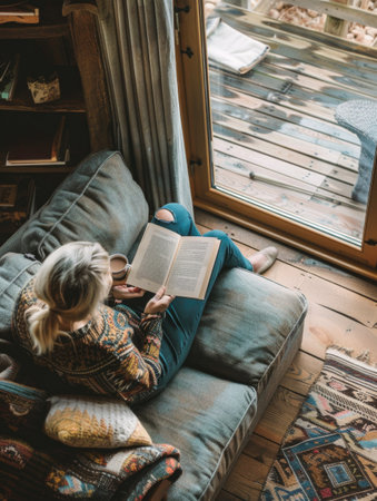 A high angle view of a mature woman sitting in a holiday rental. She is reading a book and has a hot drink she is enjoying as she sits. She is in a holiday home in the Scottish Highlandsの素材