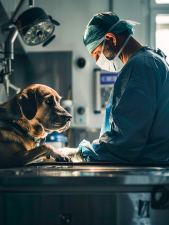 Veterinarian with a dog in an operating room at an animal clinicの素材