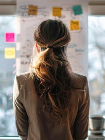 Rear view of a business woman creating a business plan at the office and writing ideas on a boardの素材
