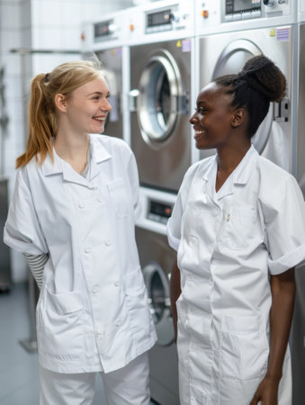 Two interracial hotel maids in white uniforms having a fun conversation in the laundryの素材