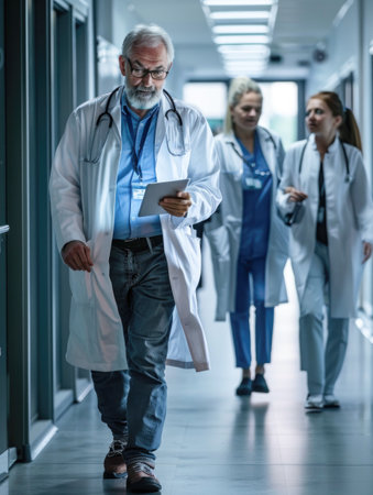 Senior doctor looking down at digital tablet, walking together with nurses in hospital corridorの素材