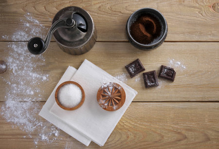 The coffee grinder on a wooden tableの写真素材