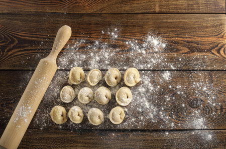 Handmade dumplings and a rolling pin on a wooden tableの写真素材