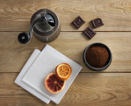 the coffee grinder on a wooden tableの写真素材