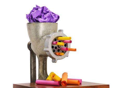 meat grinder recycling garbage. vintage meat grinder and colorful paperの写真素材