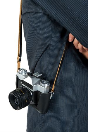 camera hanging on the shoulder of a manの写真素材