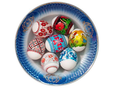 traditional ukrainian easter eggs on a plateの写真素材