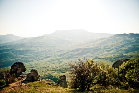 crimean mountains landscape with sunの写真素材