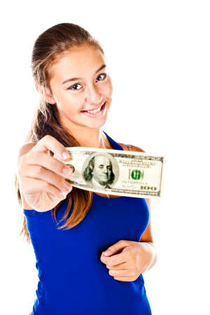 teenager with dollars isolated on a white backgroundの写真素材