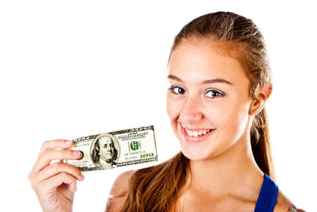 teenager with dollars isolated on a white background