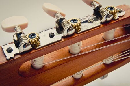 guitar fingerboard macro on a grey background