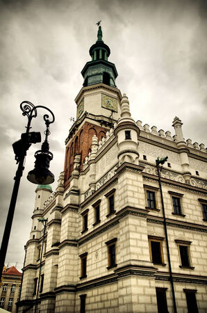 church in poznan against the dark skyの写真素材