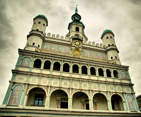 church in poznan against the dark skyの写真素材