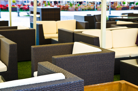 beautiful european street cafe outdoorsの写真素材