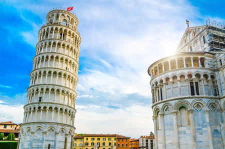 pisa tower with sun and skyの写真素材