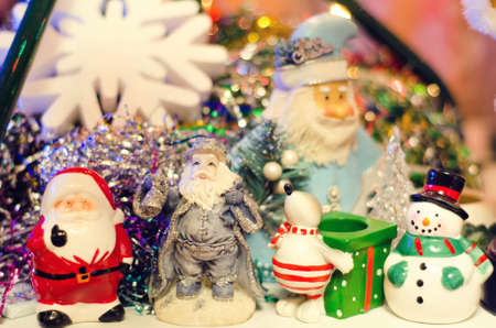 decorative toys santa claus and snowman closeup