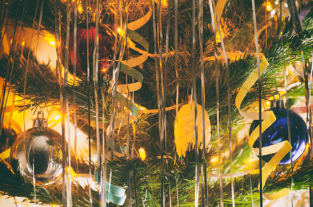 christmas tree with shining garland lightsの写真素材