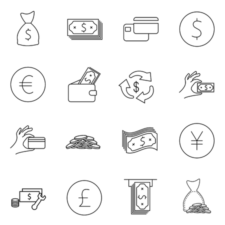 Simple Set of Money Related Vector Line Icons. Contains such Icons as Wallet, ATM, Bundle of Money, Hand with a Coin and more. Editable Stroke. のイラスト素材