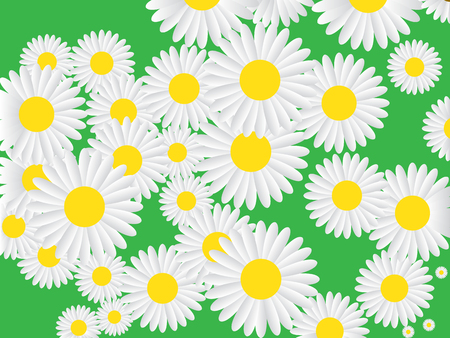 Vector seamless pattern with chamomile on green background. Can used for printing brochure, web, banner, poster, party, vintage textile design, card. のイラスト素材