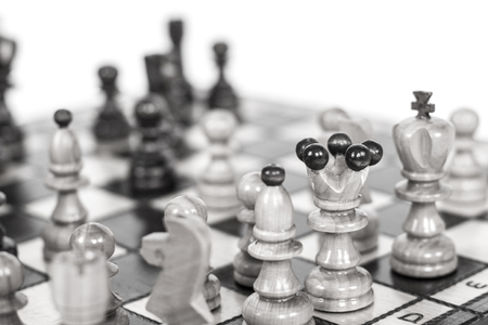 Chess. Chess board. Wooden chess pieces. black and white photoの写真素材